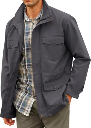 Mens Military Jacket Full Zip and Button Safari Field Jacket Multi Pocket Cargo Outdoor Coat
