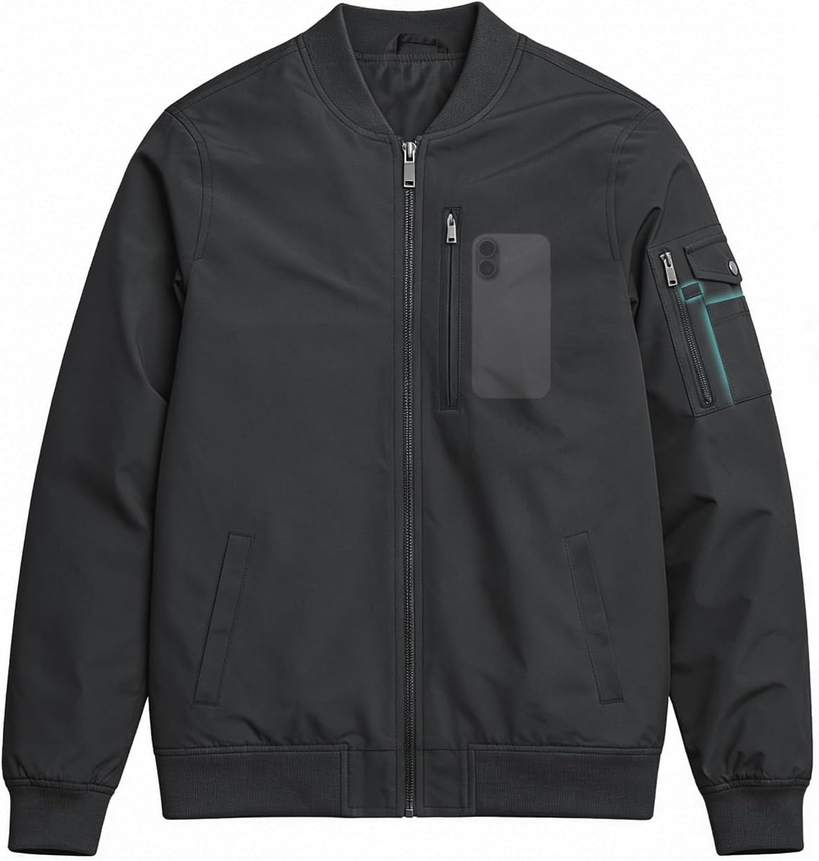 Mens Bomber Jacket: Lightweight Waterproof Windbreaker Stand Collar with Multiple Pockets