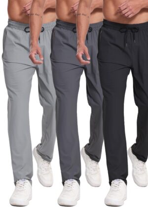 3 Pack Men's Athletic Sweatpants with Zipper Pockets Workout Gym Running Hiking Active Cooling Stretch Joggers Pants