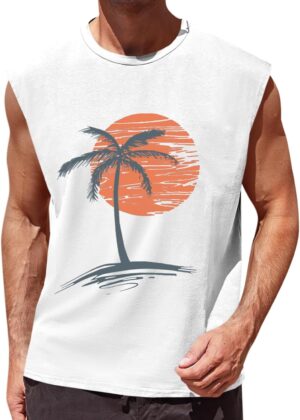 Mens Sleeveless Tank Tops Workout Gym Muscle Shirts Palm Tree Vintage Hawaiian Summer Beach T Shirts