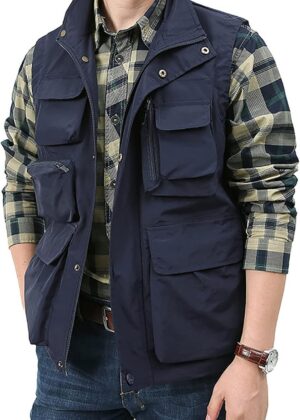 Men's Casual Outdoor Work Vest Safari Fishing Shooting Vests Lightweight Travel Cargo Jacket With Multi Pockets