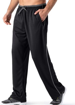 Men's Lightweight Sweatpants Loose Fit Open Bottom Mesh Athletic Pants with Zipper Pockets