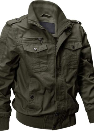 Men's Cotton Lightweight Multi Pockets Zip Front Stand Collar Military Jackets Windbreaker