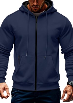 Mens Fleece Hooded Sweatshirt Winter Full Zip Jackets Long Sleeve Outerwear with Multi Pockets