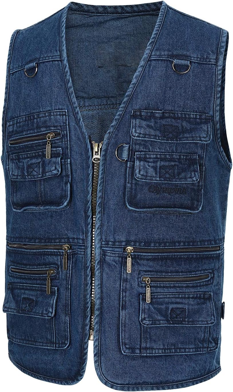 Men Denim Vest Outdoor Work Jacket Multi Pocket for Travel Photo Fishing Big & Tall - Image 2