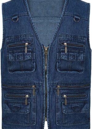 Men Denim Vest Outdoor Work Jacket Multi Pocket for Travel Photo Fishing Big & Tall