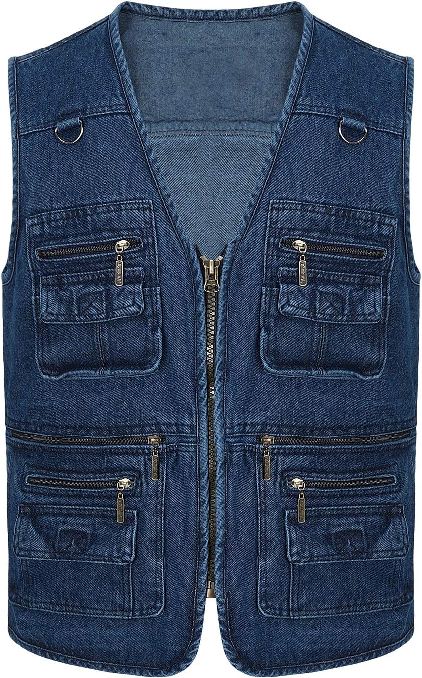 Men Denim Vest Outdoor Work Jacket Multi Pocket for Travel Photo Fishing Big & Tall